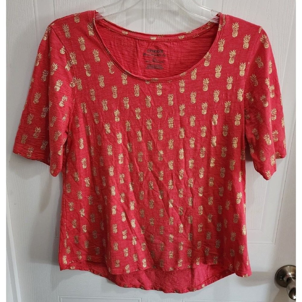 Chico's The Ultimate Tee Women's Top Coral Metallic‎ Gold Pineapple Size 1 (M)